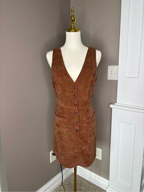 SHEIN Brown Corduroy Button-Front V-Neck Mini Dress